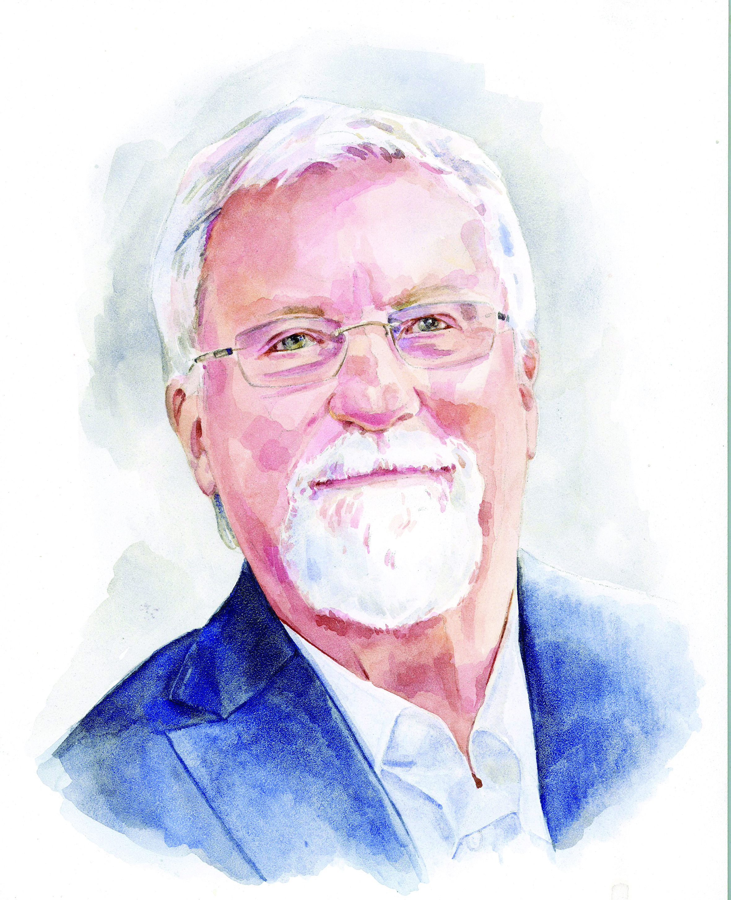 Watercolor portrait of an older man with white hair and a neatly trimmed white beard. He is wearing glasses and a navy blue suit jacket over a white shirt. He has a kind expression, with a gentle smile, and the background is painted with soft, muted colors.