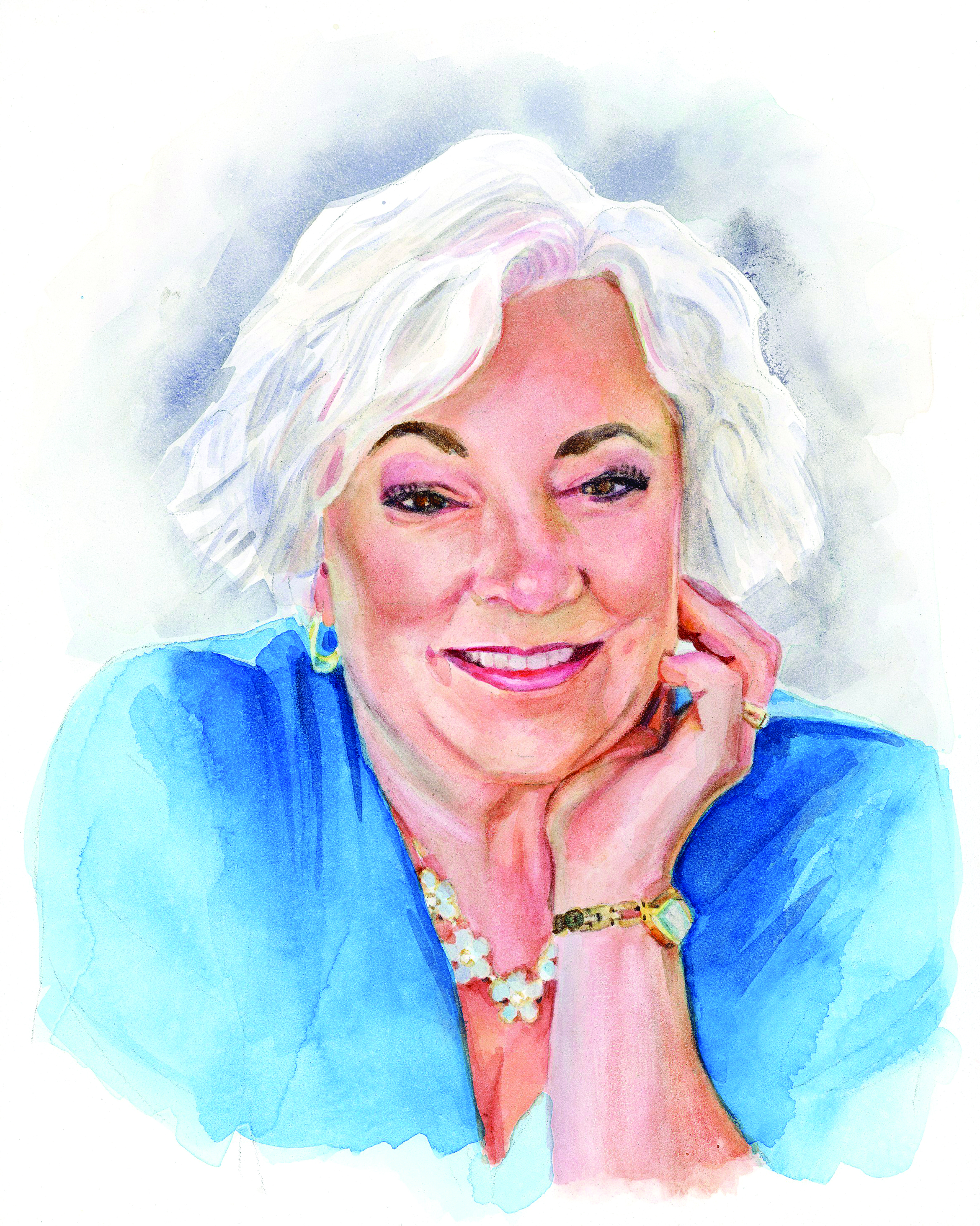 Watercolor portrait of an elderly woman with short, white hair, smiling warmly. She is resting her head on one hand and is wearing a blue blouse with a necklace and bracelet. Her expression is friendly and inviting, and the background is softly painted with pale, neutral tones.