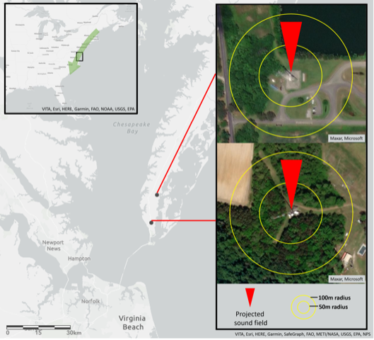 A map of the Virginia coast showing the location of the sound towers to protect birds.