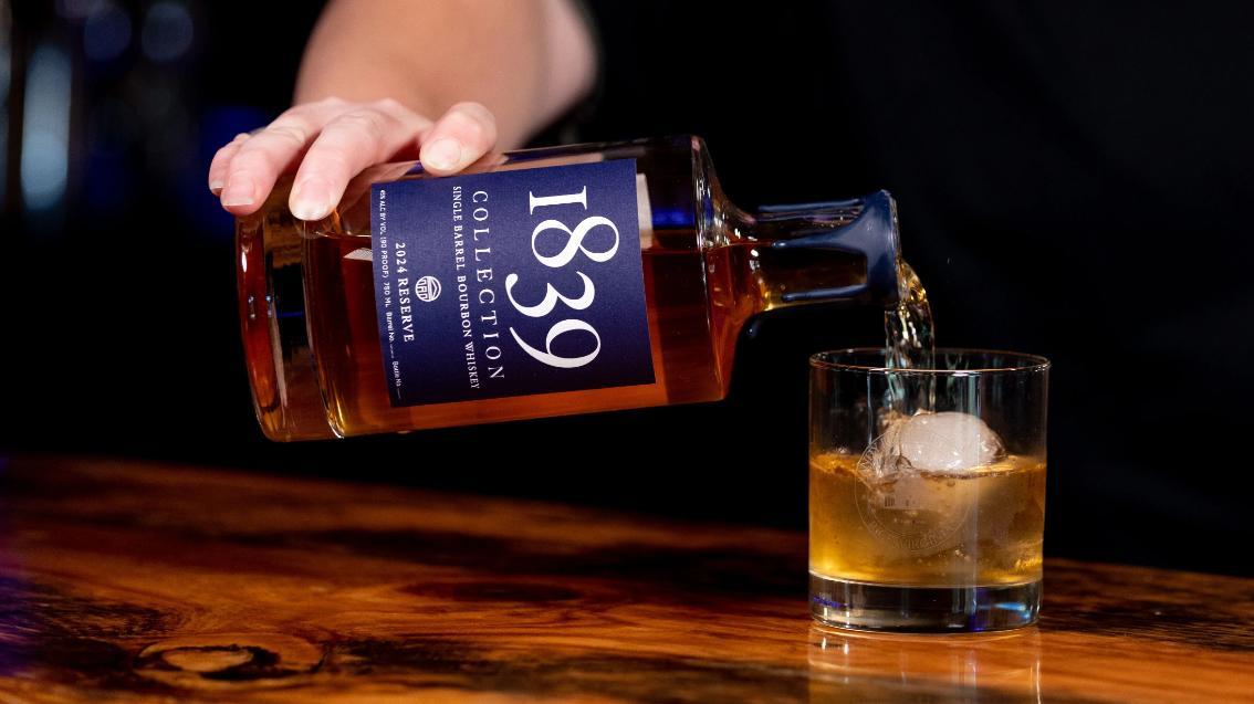 Pouring our 1839 Collection 2024 Reserve single barrel bourbon into a glass