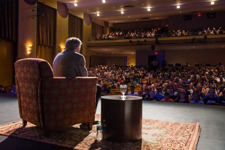 A lively Q&A session with a packed room of Longwood freshmen.